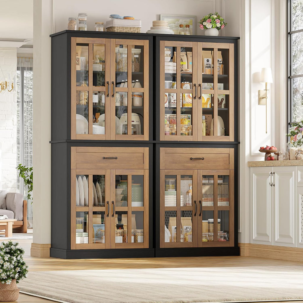 FOTOSOK 71'' Tall Kitchen Cabinet with Glass Doors and Drawer, Freestanding Food Pantry with Adjustable Shelves for Dining, Living Room, Natural