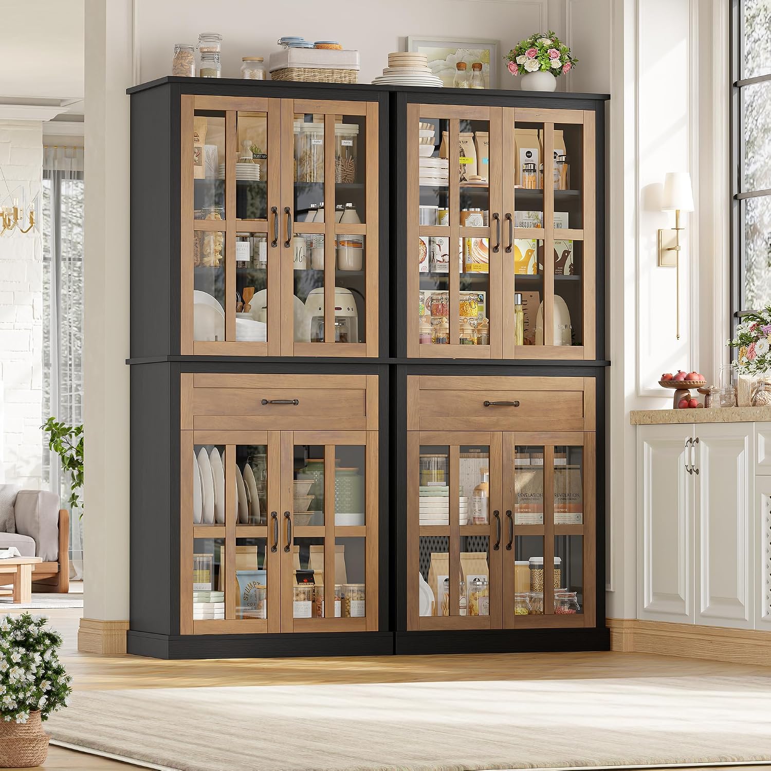 FOTOSOK 71'' Tall Kitchen Cabinet with Glass Doors and Drawer, Freestanding Food Pantry with Adjustable Shelves for Dining, Living Room, Natural