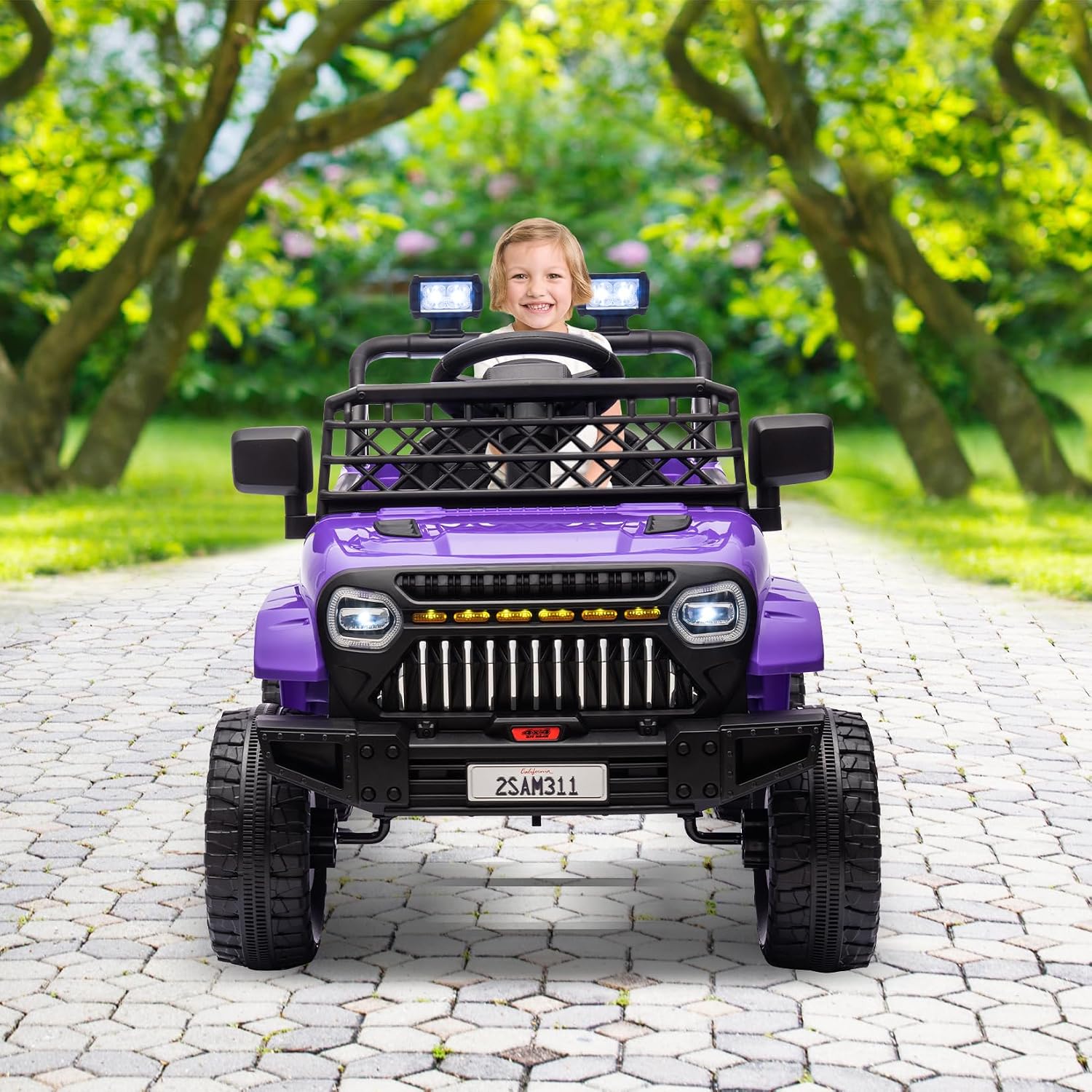 12V Ride On Car for Kids Electric Vehicle Toddlers Battery Powered Truck Car Toy with Remote Control, 4-Wheel Suspension, Battery Display, LED Lights, Music, for Boys Girls, Purple