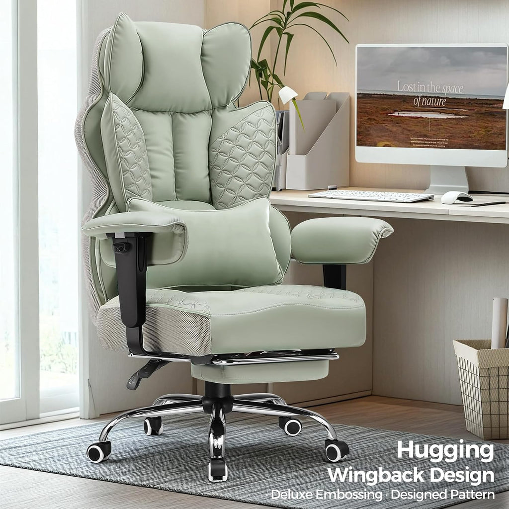 COMHOMA Big and Tall Office Chair Wide Ergonomic Gaming Chair with Deluxe Embossing Designed Leather with Foot Rest,150°Reclining Adjustable Armrests Pocket Spring Back Support and Pillow