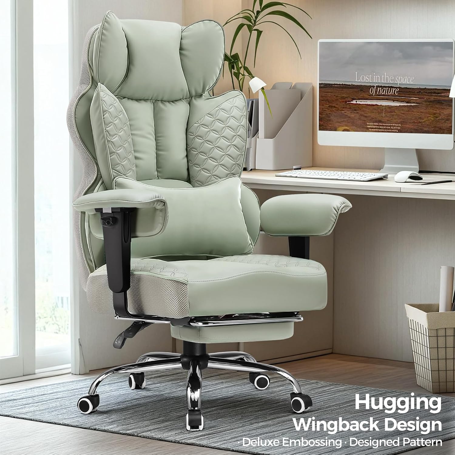 COMHOMA Big and Tall Office Chair Wide Ergonomic Gaming Chair with Deluxe Embossing Designed Leather with Foot Rest,150°Reclining Adjustable Armrests Pocket Spring Back Support and Pillow