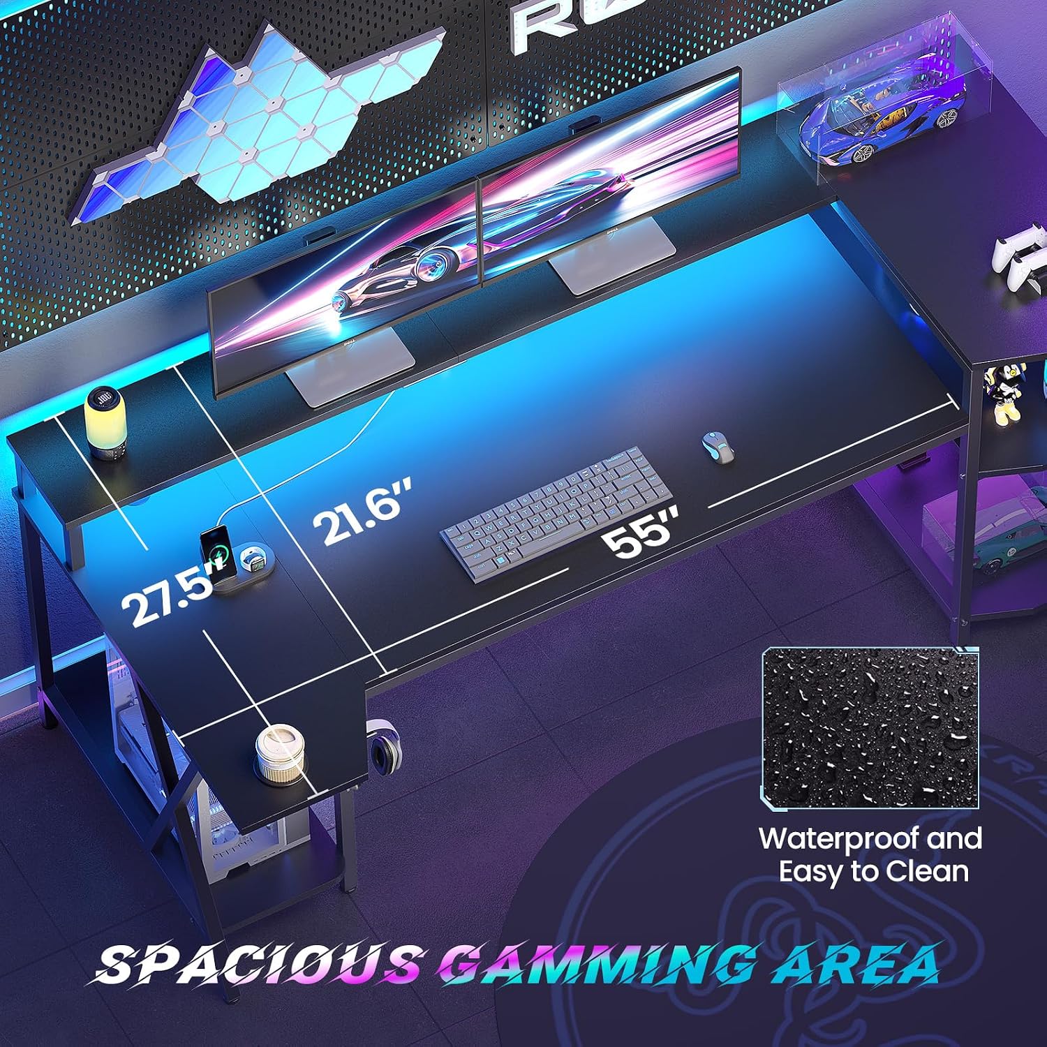 SEDETA Gaming Desk 70.8'' with LED Lights and Storage Shelves, Computer Desk with Monitor Stand, Power Outlets and Cup Holder, Large PC Gamer Desk, Gaming Table for Bedroom, Living Room, Black
