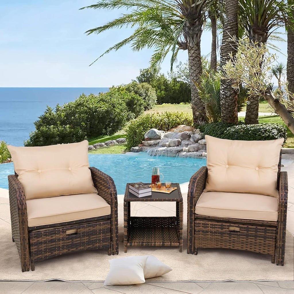5 Pieces Patio Chairs Set with Ottomans, All Weather PE Rattan, Outdoor Conversation Furniture with Table, Beige