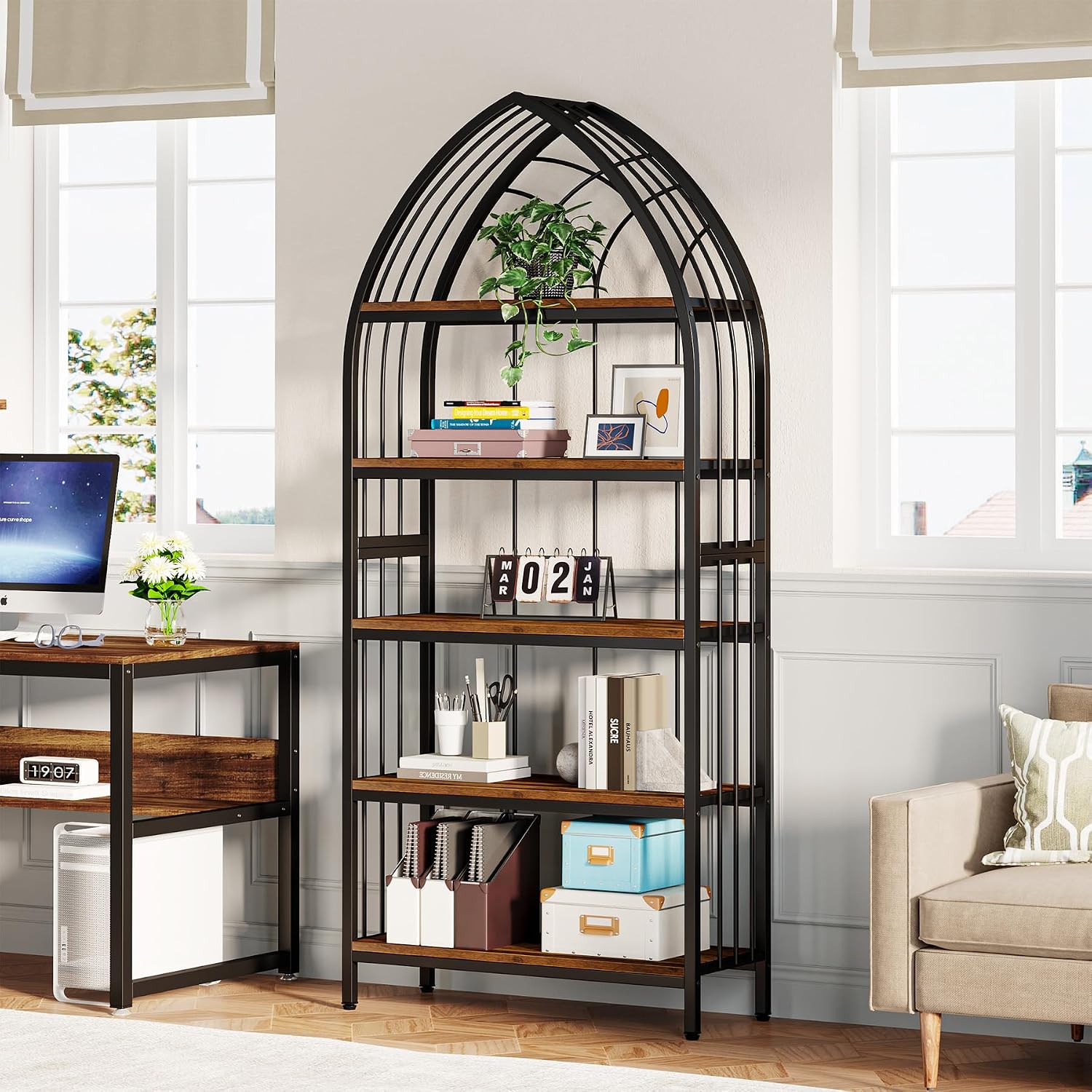 Tribesigns 5-Tier Bookshelf, 74.8-Inch Tall Bookshelf, Industrial Curved Freestanding Display Shelf, Wood Storage Shelves with Metal Frame for Home Office (1, Rustic Brown & Black)