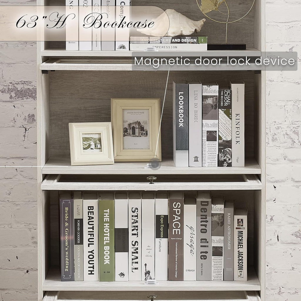 Tall Bookcase with Glass Doors, 63' H Farmhouse Glass Curio Display Cabinet with Flip up Doors, Elegant Storage Cabinet with 4-Tier Shelves, Rack for Living Room (White)