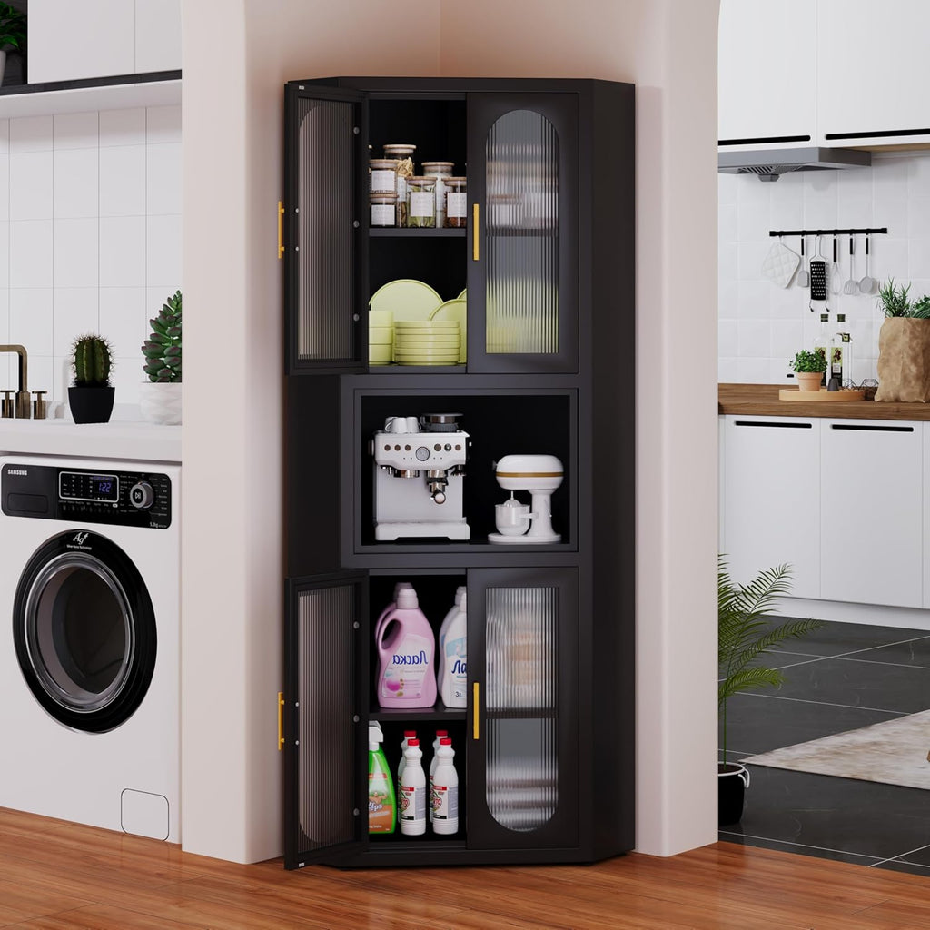 GAIOUS 63.6' Tall Corner Cabinet, Metal Pantry Storage Cabinet with 4 Acrylic Glass Doors & 1 Open Bar Shelf, Farmhouse Corner Cupboard for Kitchen Bathroom Living Room Bedroom Hallways (Black)