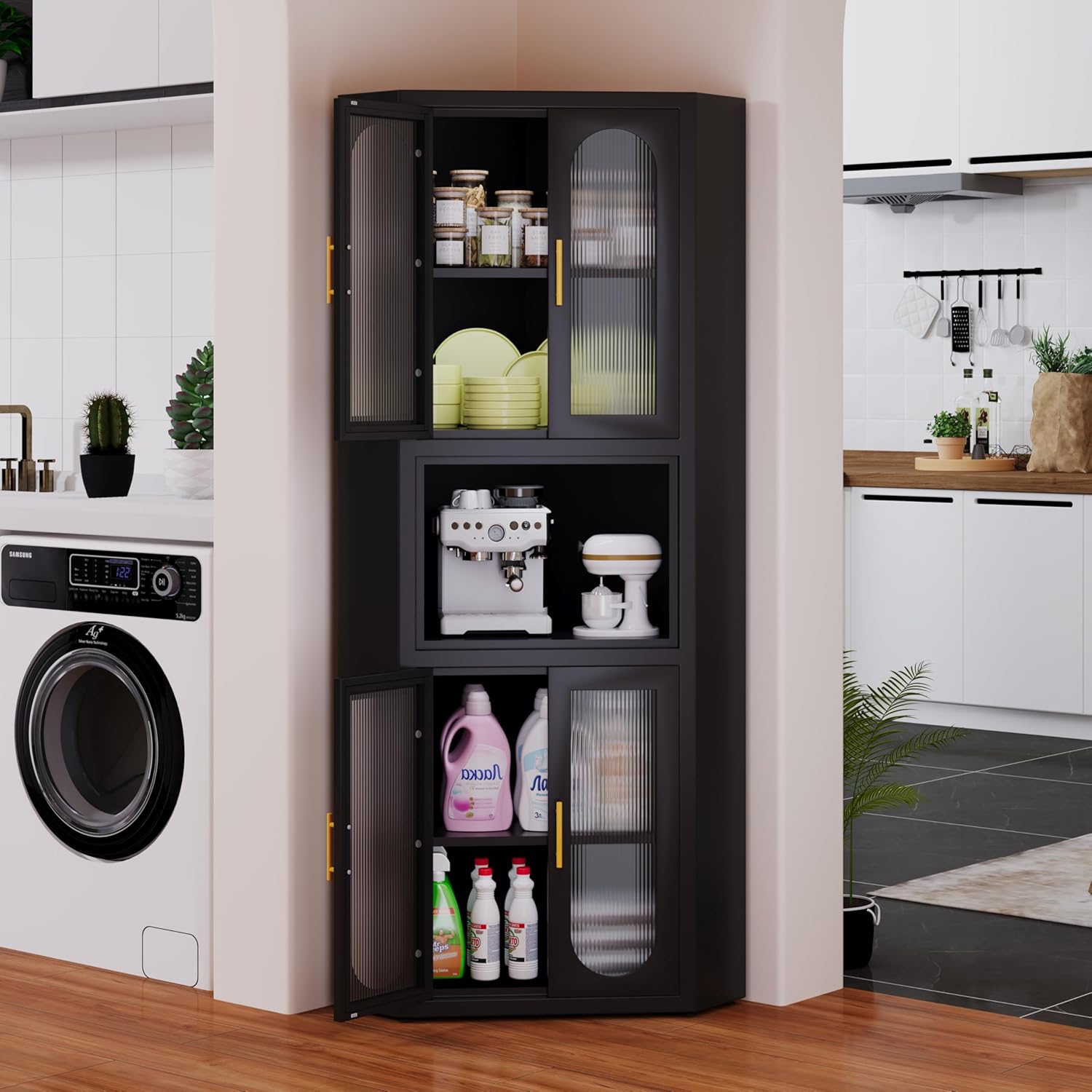 GAIOUS 63.6' Tall Corner Cabinet, Metal Pantry Storage Cabinet with 4 Acrylic Glass Doors & 1 Open Bar Shelf, Farmhouse Corner Cupboard for Kitchen Bathroom Living Room Bedroom Hallways (Black)