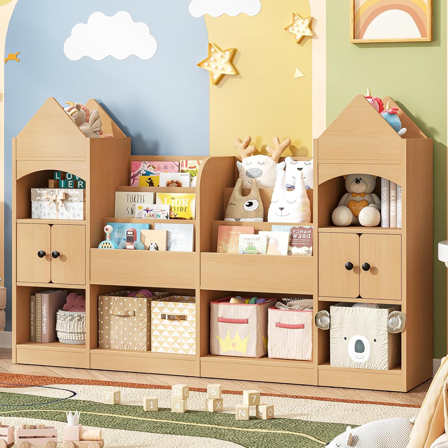 Vabches Castle Shape Children's Bookshelf, Kids Bookcase Display Case Kids Toy Storage Organizer Multifunctional Storage Cabinet Bookshelf Suitable for Playroom, Children's Room, Living Room, Oak