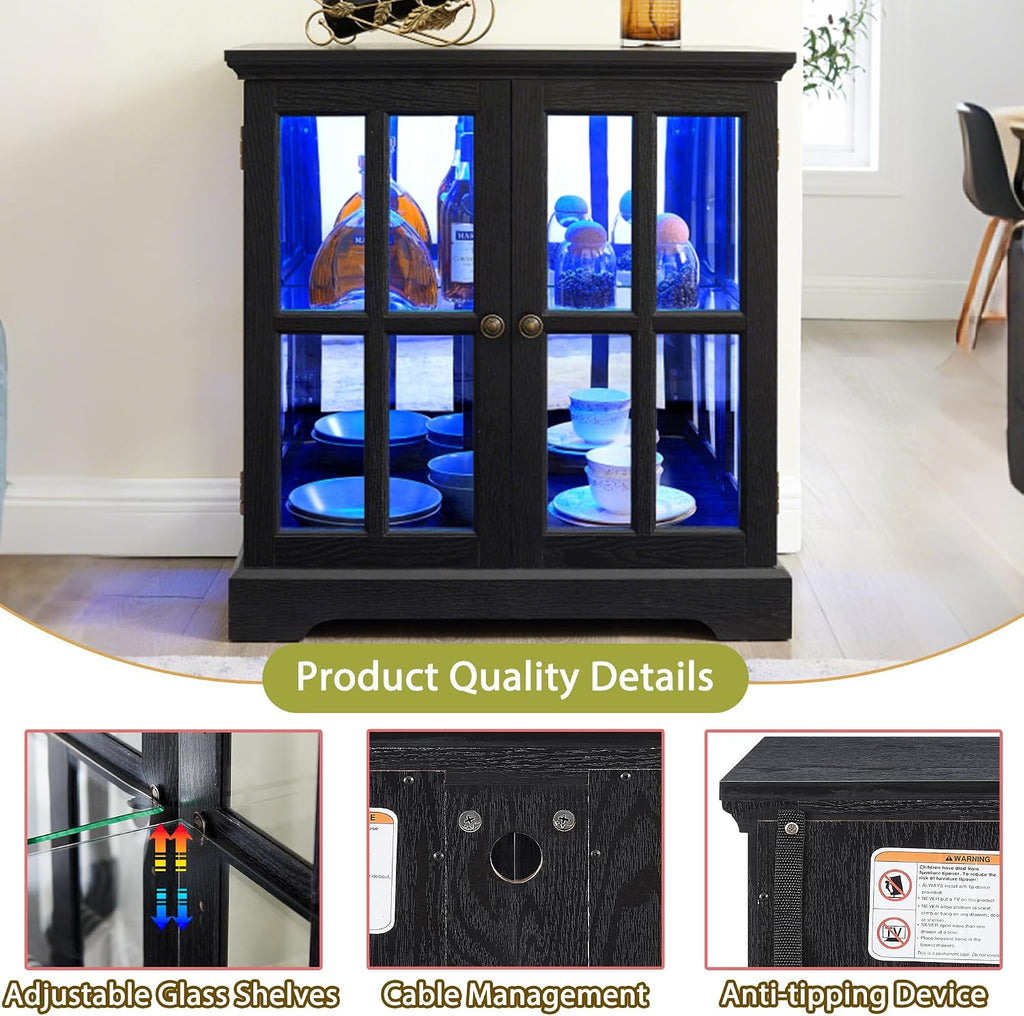 30' Glass Curio Display Storage Cabinet with LED Light, Modern 2 Lattice Doors Tableware Display Sideboard w/Adjustable Shelves, Retro Design Quality Showcase Bookcase for Home (Black)