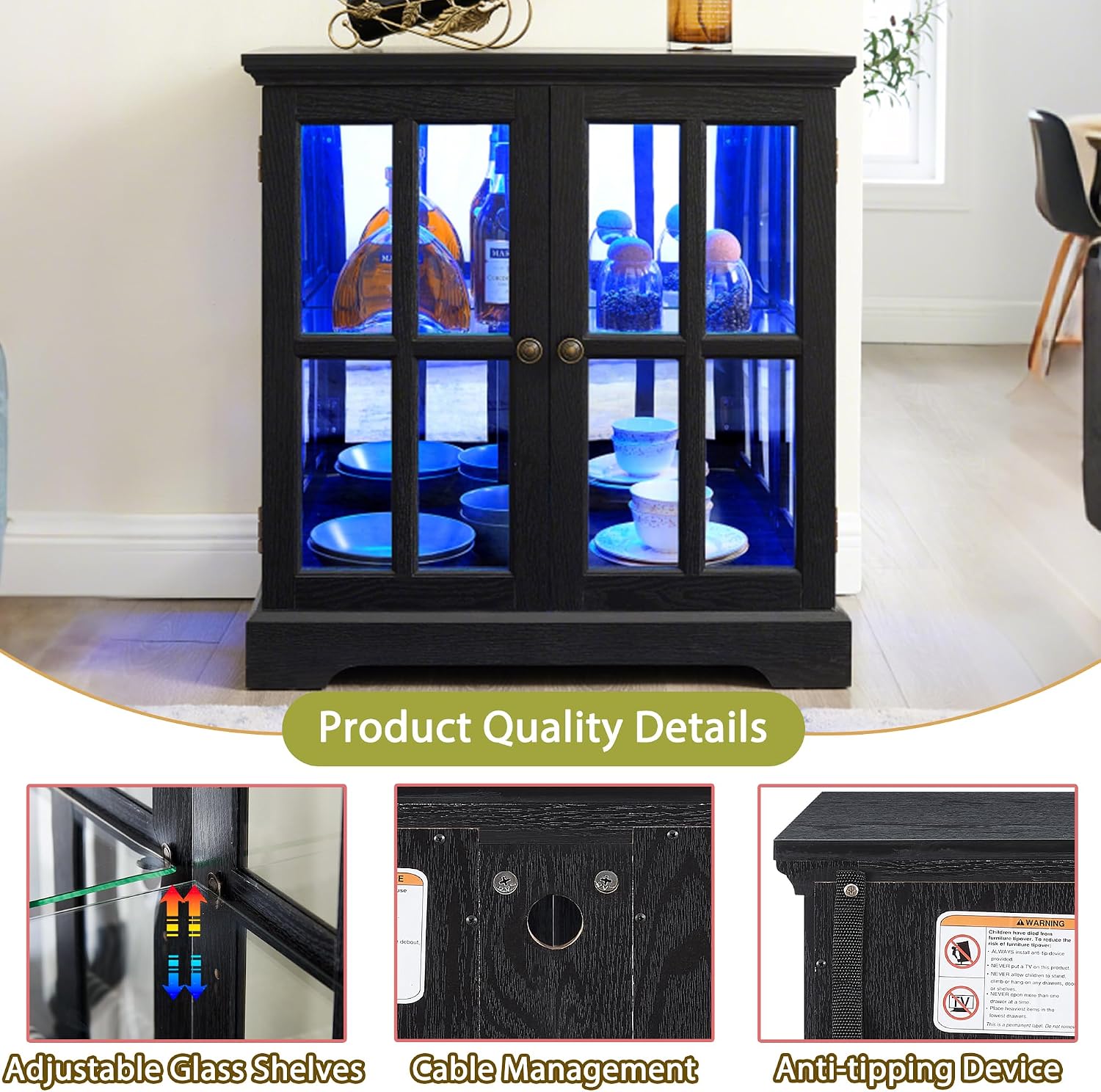 30' Glass Curio Display Storage Cabinet with LED Light, Modern 2 Lattice Doors Tableware Display Sideboard w/Adjustable Shelves, Retro Design Quality Showcase Bookcase for Home (Black)