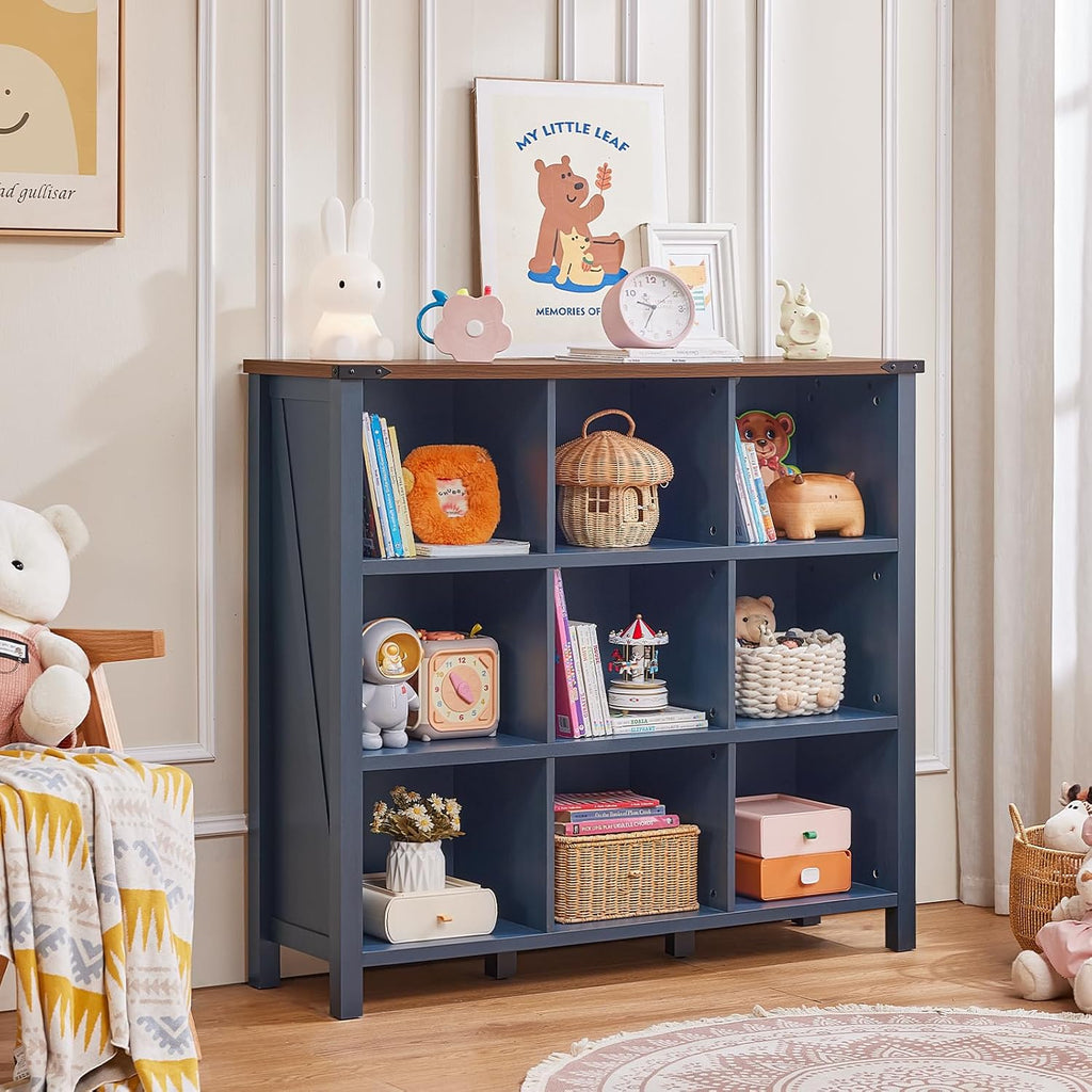 Joaxswe 9 Cube Bookcase, Farmhouse 47 Inch Wide Navy Blue Bookshelf, Wooden 3 Tier Display Large Open Book Shelf, Vintage Horizontal Book Case for Home Office, Cubby Storage Cabinet for Living Room