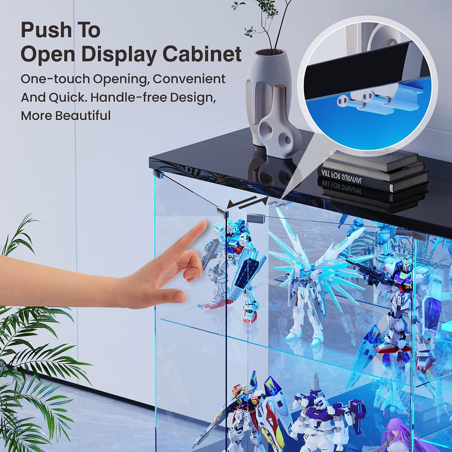 Lvifur High Gloss Display Cabinet - with Lock, Curio Cabinet with Human Body Sensor & Glass Shelves for Toys, Books, Collectibles, Liquor, Bookcase for Living Room, Kitchen, Study, Black