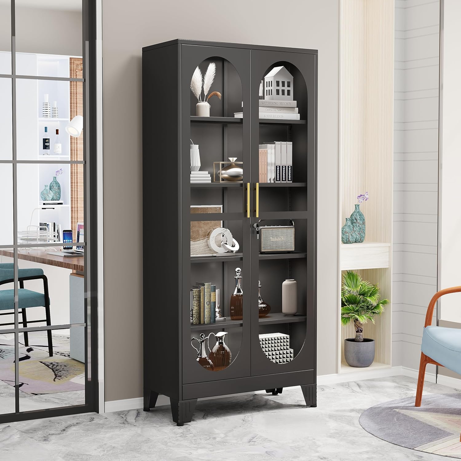 GAIOUS 71' Tall Display Cabinet with Glass Door, 5 Tier Metal Curio Cabinet with 4 Adjustable Shelves, Locking Glass Display Case for Collectibles, Showcase Storage Cabinets for Showroom Clinic, Black