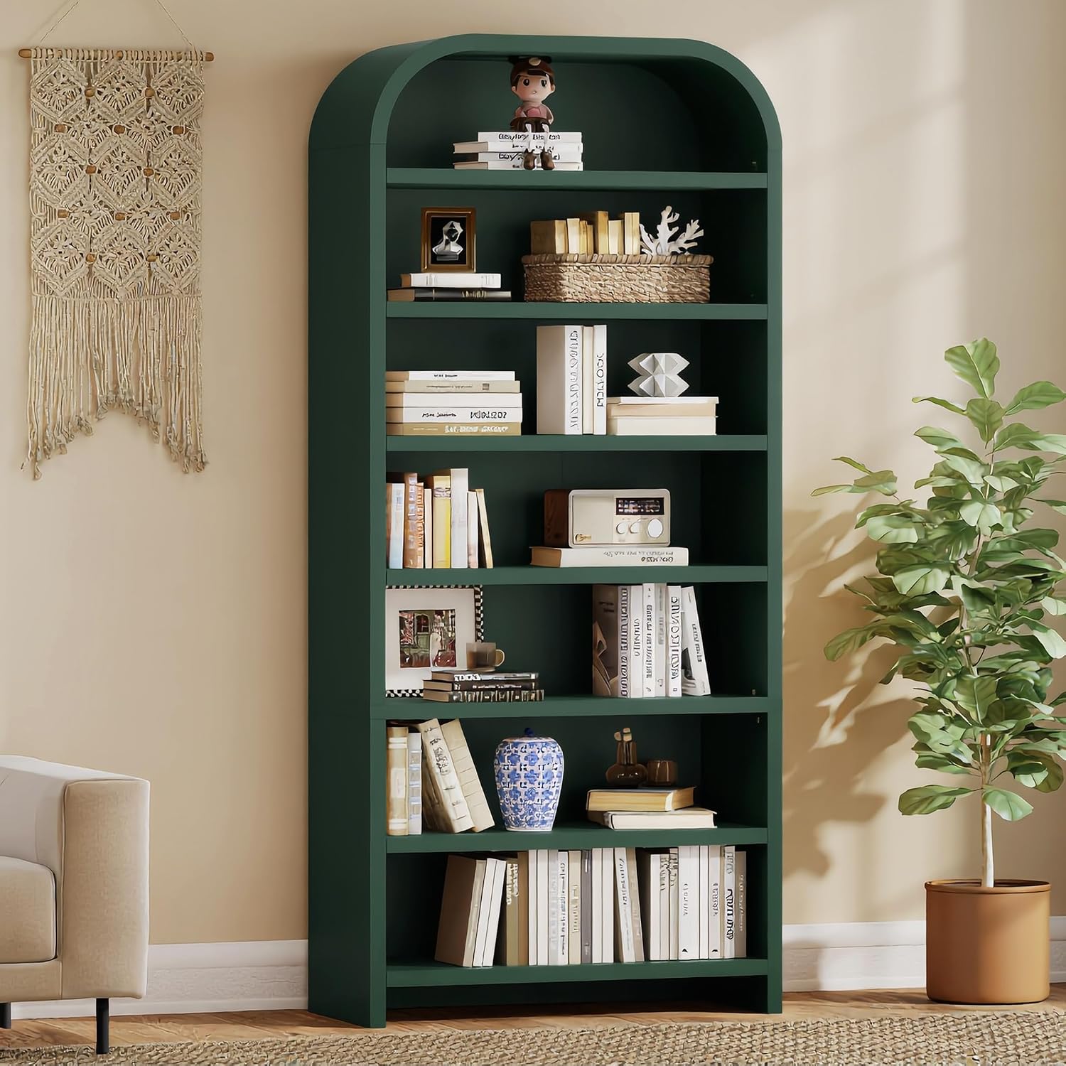 LEVNARY 70' Tall Arched Bookcase, 7-Tier Freestanding Storage Cabinet with Adjustable Shelves, Thick MDF Bookshelf for Bathroom Living Room Bedroom (Green)