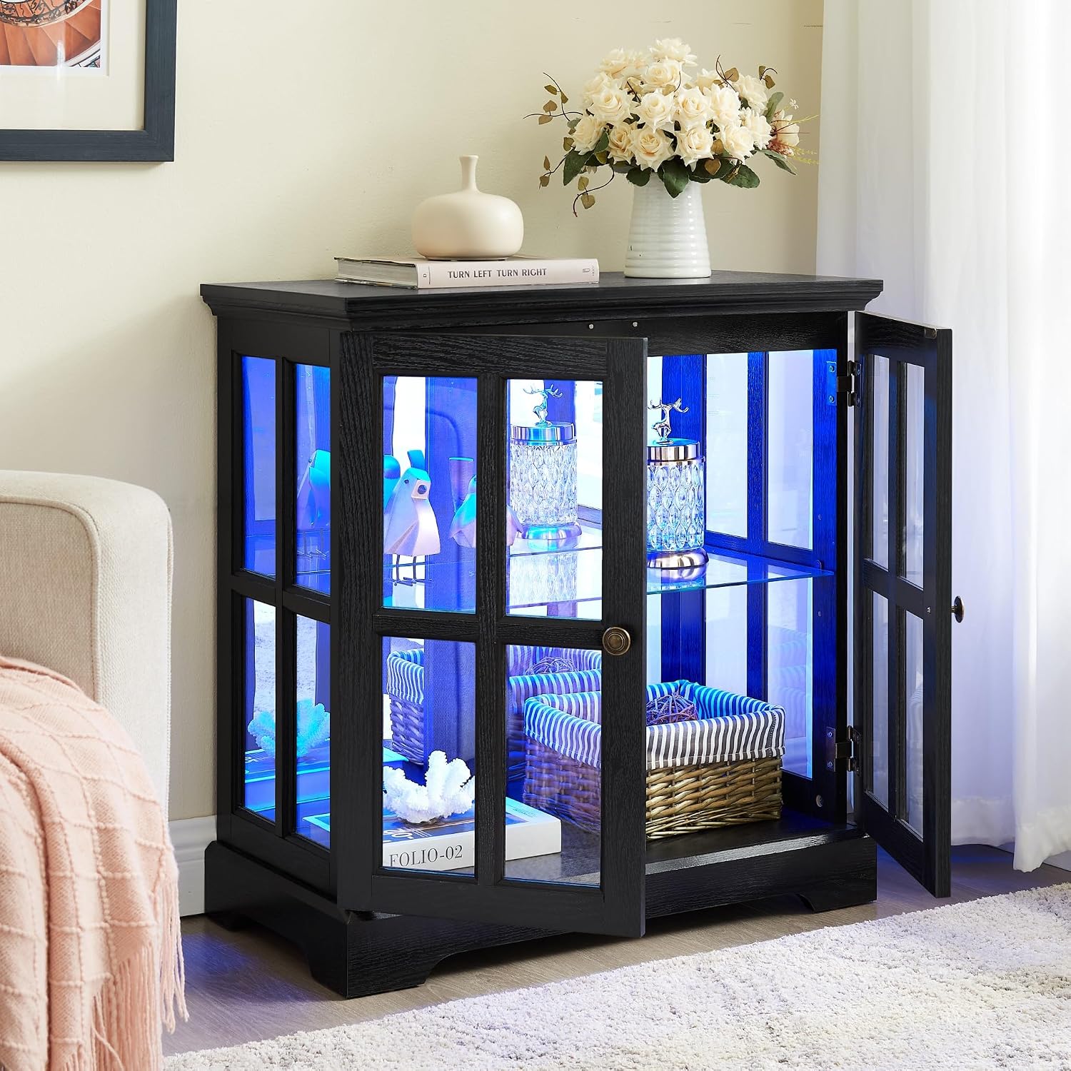 32' H LED Accent Curio Cabinet with 7 Color Lights for Collectibles, Modern Storage Cabinet with Tempered Glass Doors, Sideboard Buffet Case with Smartphone-Controlled Lights (Black)