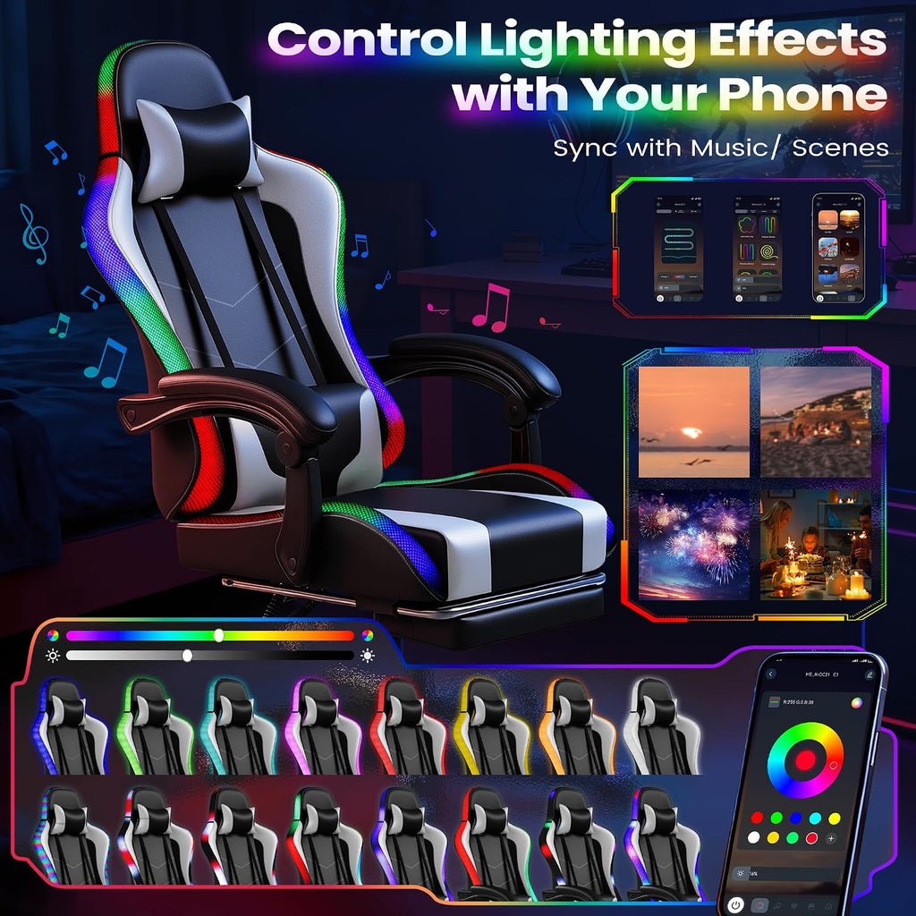 Homall Gaming Chair, Video Game Chair with Footrest and Massage Lumbar Support, Ergonomic Computer Chair Height Adjustable with Swivel Seat and Headrest (RGB Lvory)