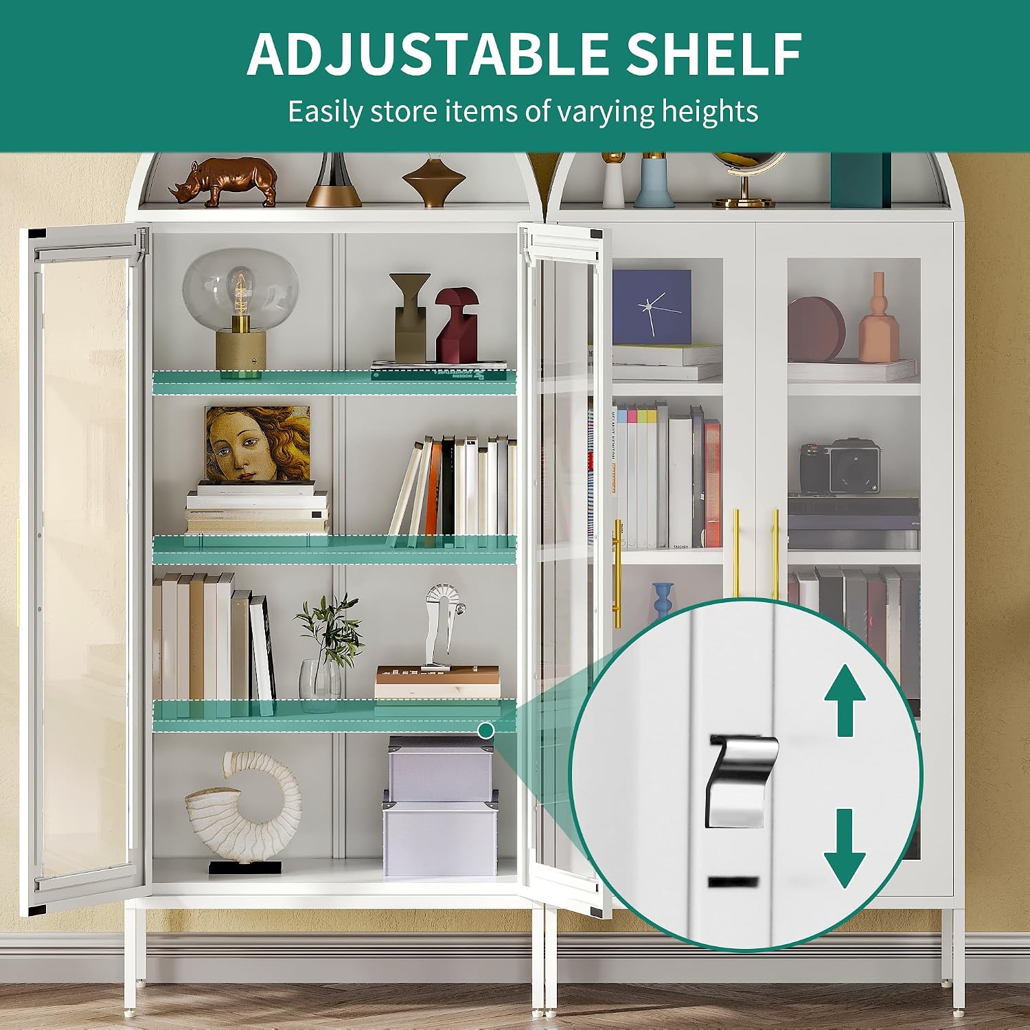 YITAHOME 71' Arched Glass Display Cabinet, Tall Metal Storage Cabinet with Adjustable Shelves and Glass Doors, White