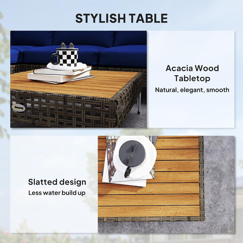 Outsunny 7 Piece Wicker Patio Furniture Set, Modular Outdoor Sectional with Thickened Cushions, Rattan Outdoor Furniture Conversation Set with Slatted Acacia Wood Table for Backyard, Brown/Dark Blue