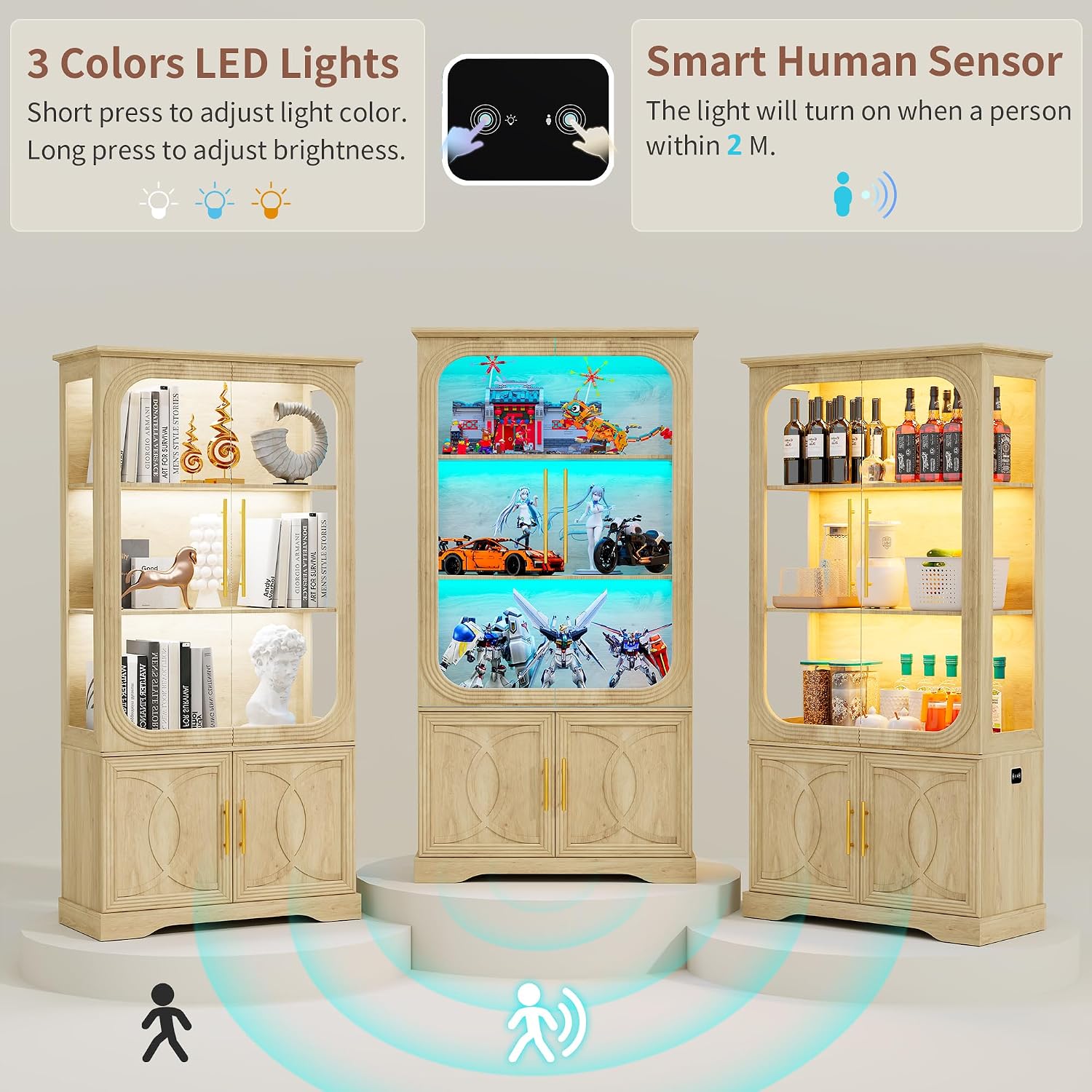 69' Tall Display Cabinet with Glass Doors, Curio Cabinet with 3 LED Lights and Human Body Sensor, Glass Display Case with Storage Cabinet for Living Room, Oak