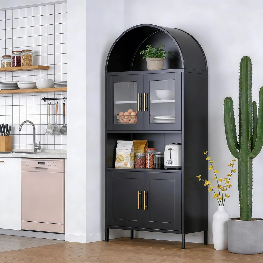 VEXPOR 73' Tall Arched Kitchen Pantry Cabinet with Doors, Metal Arched Hutch Cabinet for Kitchen, Dining Room, Living Room, Assembly Required, Black