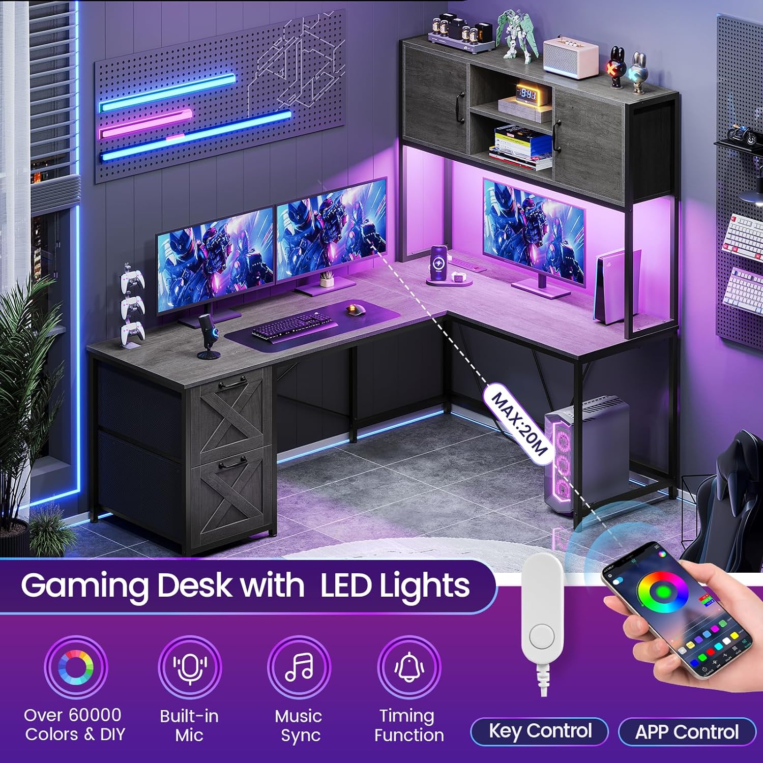 SEDETA L Shaped Gaming Desk, Reversible Computer Desk with Fabric Drawers and Power Outlet, Gaming Desk with Led Lights, Hutch and Storage Shelf for Home Office, Grey