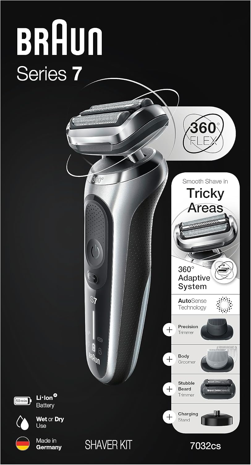 Braun Series 7 7032cs Flex Electric Razor for Men, Wet & Dry, Electric Razor, Rechargeable, Cordless Foil Shaver with Beard Trimmer and Charging Stand, Silver