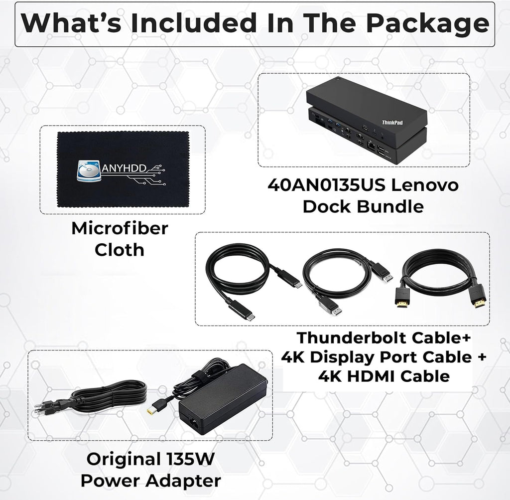 Lenovo 40AN0135US Dock 135W Bundle - Gen 2 Dual UHD 4K Display with 135W Power Adapter + 4K HDMI Cable + 4K DisplayPort Cable + Thunderbolt Cable + Microfiber Cloth - Lenovo Docking Station (Renewed)