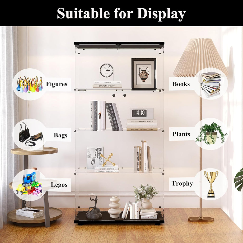 Modern 4-Tier Shelf Glass Curio Collection Display Case Cabinet with 2 Door in Clear, Showcase with Lock for Collectibles, Trophy, Action Figure 31' W x 14.3' D x 64.5' H