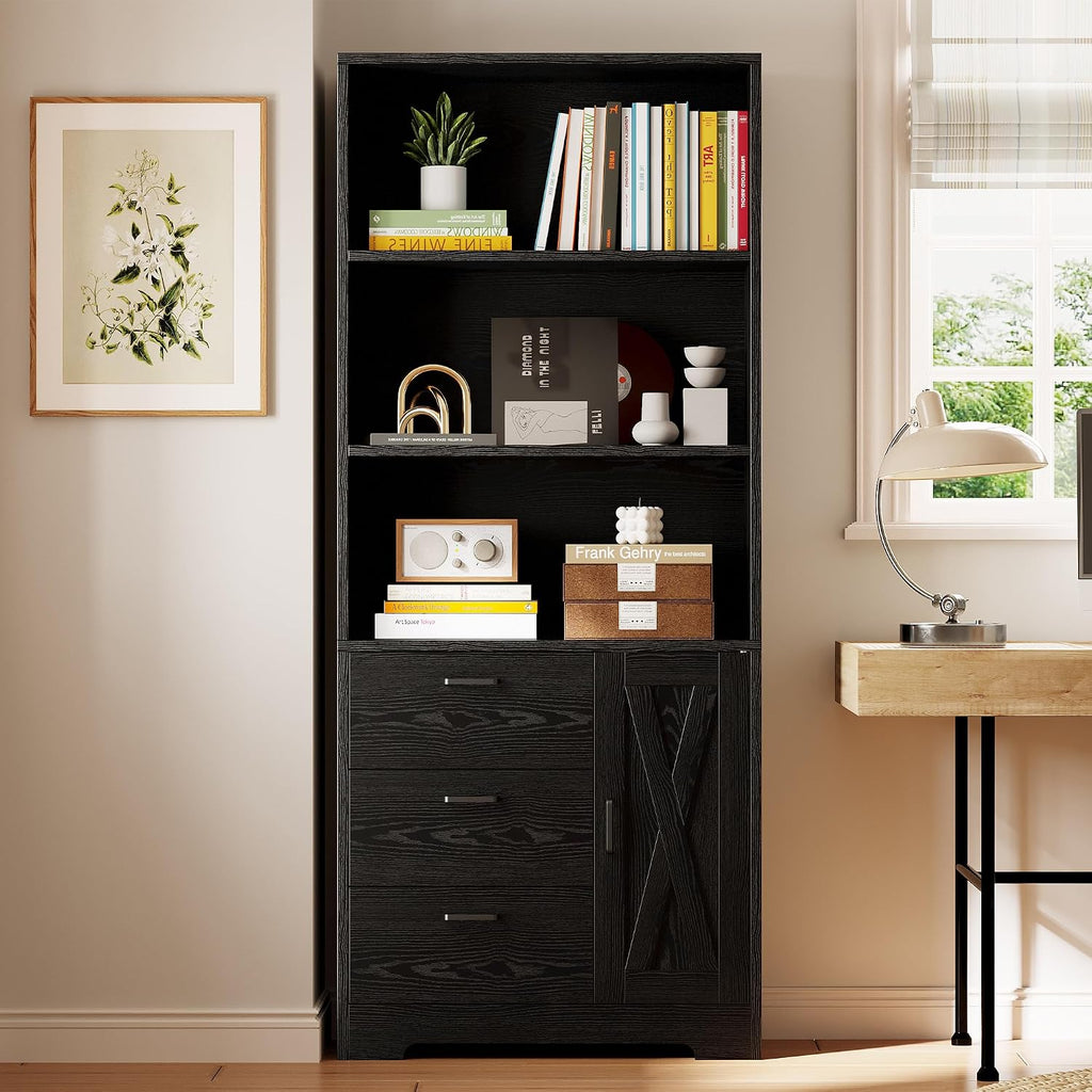 IRONCK Bookshelf with Drawers, 71 in Tall Bookcase with Doors and 3-Tier Shelves, for Bedroom Living Room Entrance Hallway Home Office