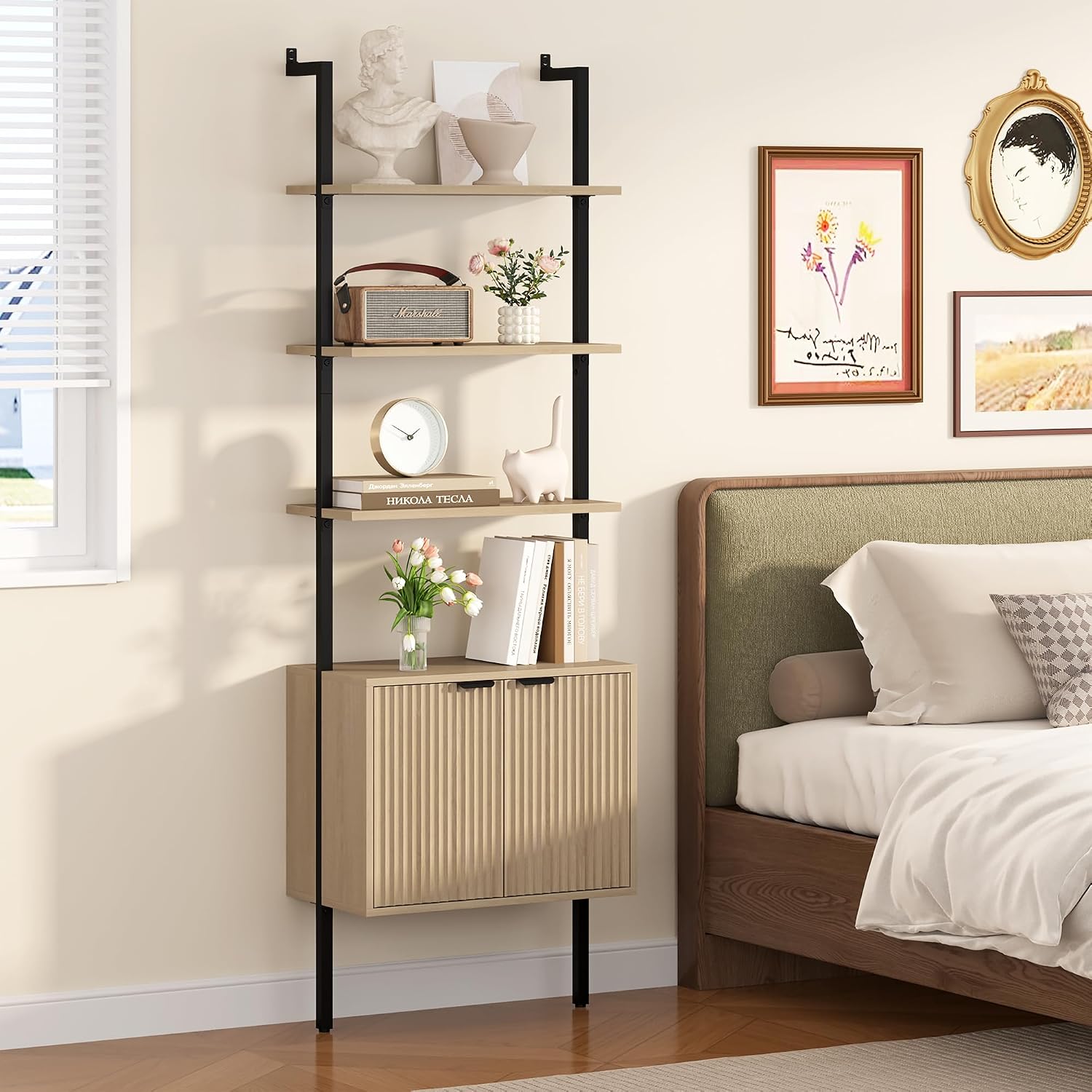 Yusong 73' Tall Bookshelf with Cabinet, Industrial Ladder Wall Mount Shelf Bookcase with Wood and Metal Frame, Plant Shelf Wall Storage Display for Living Room Bedroom, Wavy Light Ivory