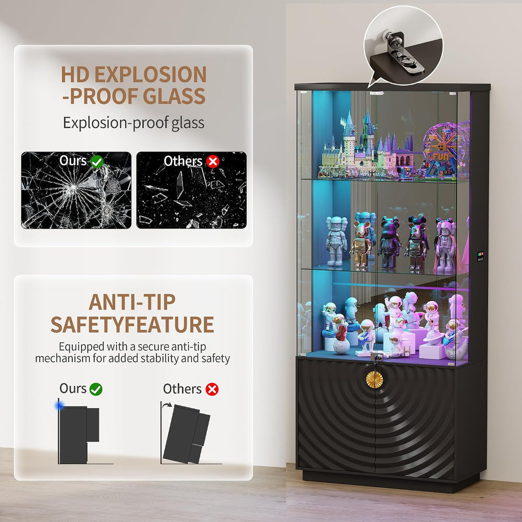 Lvifur 71'' Display Cabinet with Glass Doors,4-Tier Curio Cabinet with 3-Color Lights for Collectibles,Lockable Glass Display Case with Human Body Sensor,Tall Bookcase w/Shelves&Drawers,Black