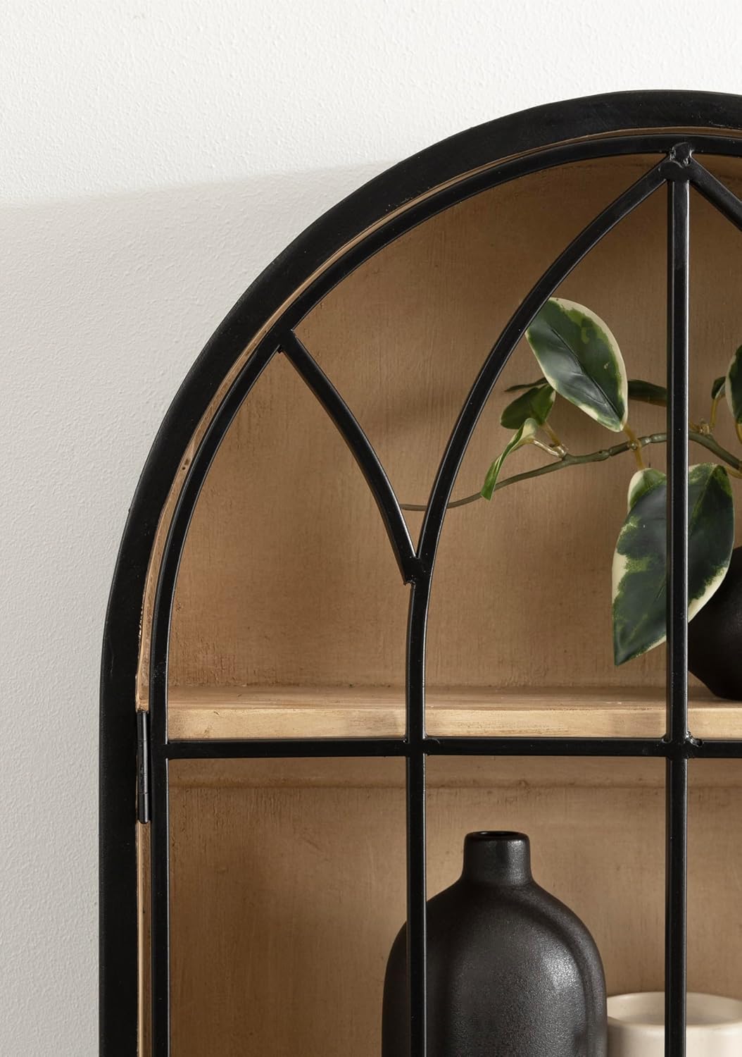 Kate and Laurel Megara Decorative Wooden Hanging Arched Wall Cabinet with Door for Open Storage; 16 x 6 x 24; Black and Natural Wood; Wooden Floating Wall Bathroom Cabinet for Above Toilet Storage