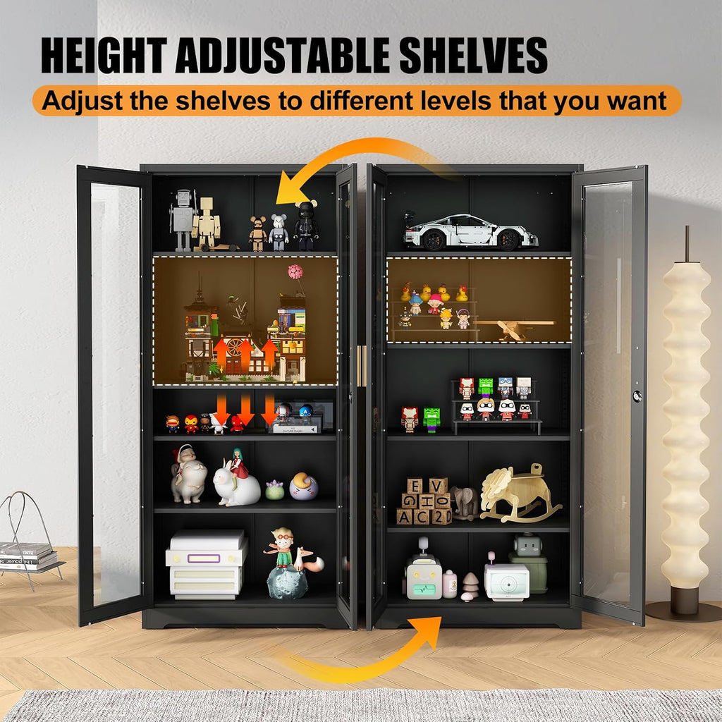 Glass Display Cabinet, 71' Tall Metal Curio Cabinet with Glass Doors, Black Display Case, Storage Cabinets with 4 Adjustable Shelves, Locking Storage Cases for Hallway, Kitchen, Living Room