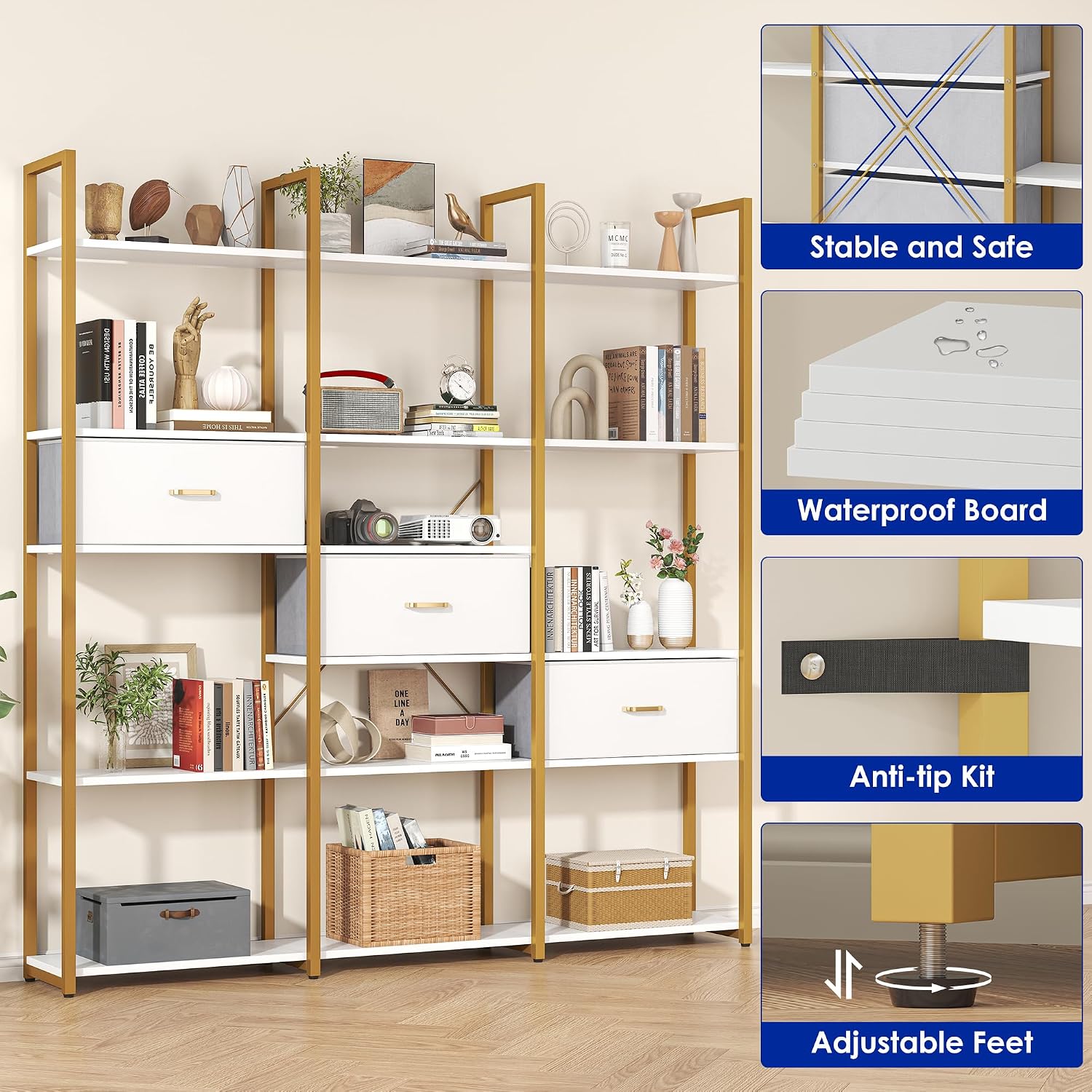 Nosepen 73.6' Tall Bookshelf with 3 Drawers and 16 Storage Shelves, Industrial Bookcase with 16 Open Display Shelves, Large Etagere Bookshelf, Triple Wide Book Shelf Book Case for Home & Office, Gold