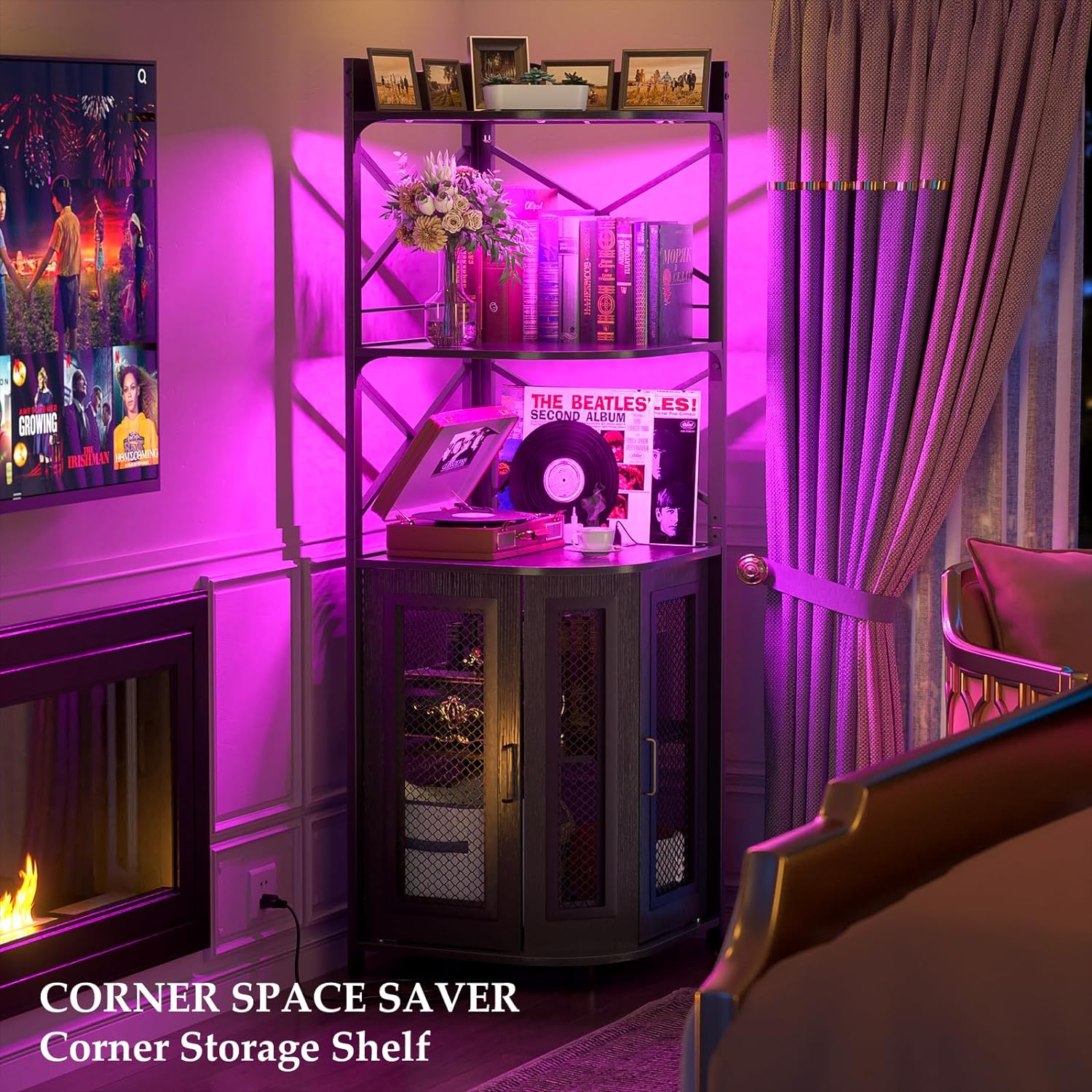 Aheaplus Corner Bar Cabinet with Power Outlet, Industrial Wine Cabinet with LED Strip and Glass Holder, 5-Tiers Liquor Cabinets Bar Unit for Home, Corner Display Cabinets for Small Space, Black