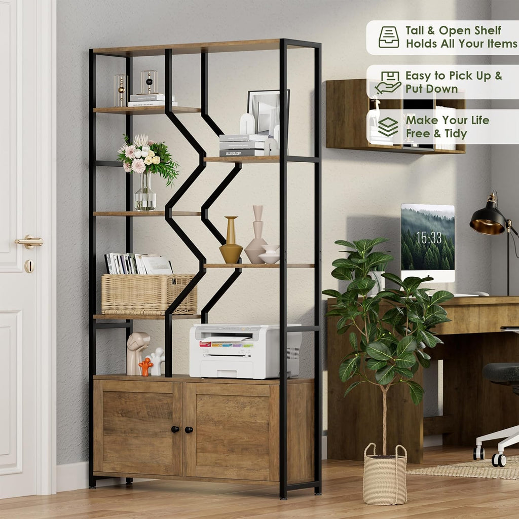 76' Tall Shelf with Storage Cabinet Doors, 6 Tier Open Bookshelf for Multi-use Display, Staggered Book Shelf Etagere Bookcase for Home Office/Living Room, Deep Metal & Wood Accent Shelf, Rustic Brown