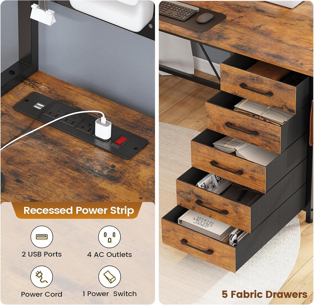 SEDETA L Shaped Gaming Desk with Drawers, L Shaped Computer Desk with Hutch and Storage Shelves, Gaming Desk with Pegboard, Led Lights, and Power Outlet, Home Office Desk, Corner Desk, Rustic Brown