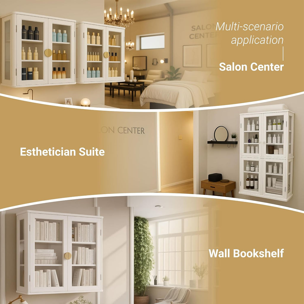 FIMELLO 28''W Wall Cabinet with Tempered Glass Doors, Bathroom Cabinet Wall Mount, Kitchen Wall Cabinet, Floating Cabinet for Bathroom, Wall Mount Salon Station for Barber, Beauty, White