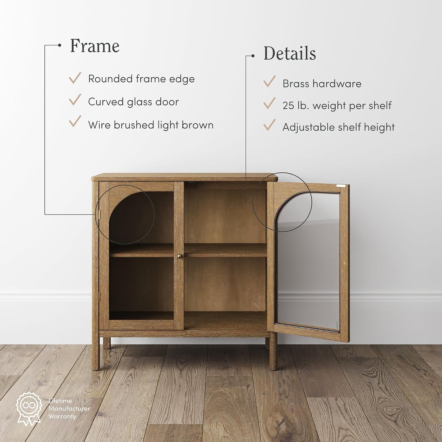 Nathan James Mason Storage Cabinet, Free Standing Accent Sideboard Buffet, Credenza with Glass Doors and Adjustable Shelf in Brushed Light Brown Wood for Dining Room, Entryway and Living Room