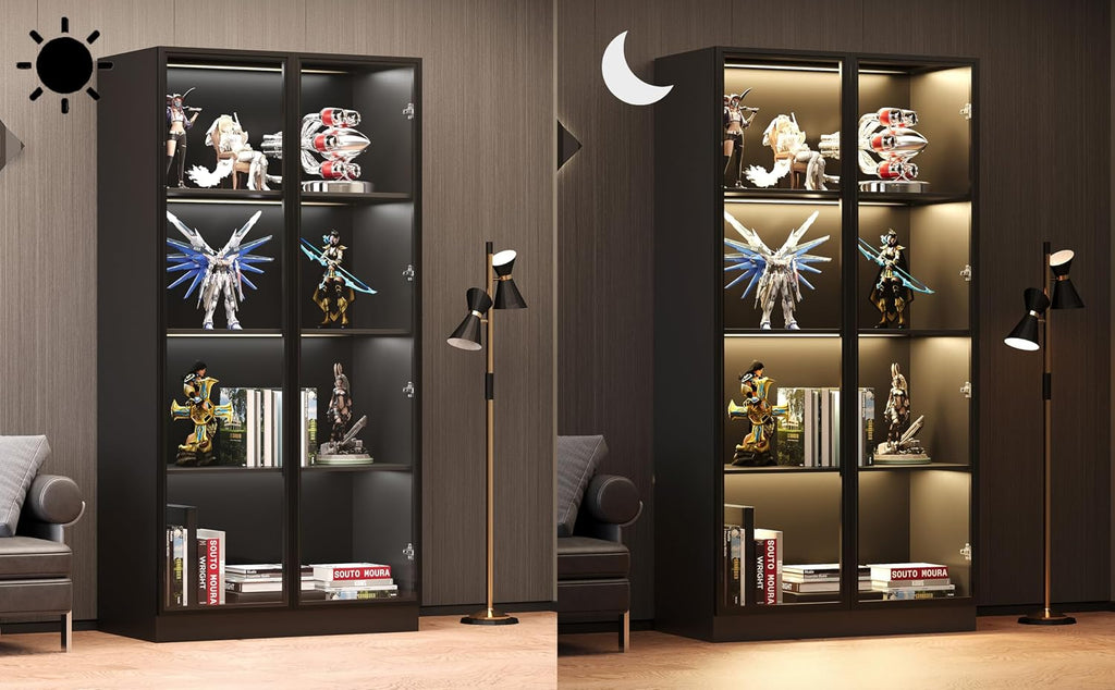 Wildhome Wooden Display Storage Cabinet with Glass Door, LED Lights,Showcase for Collections, Perfume, Vinyl Albums, Bookcase for Home Office, Living Room, Clinic, Pantry (Black- 4 Layers)