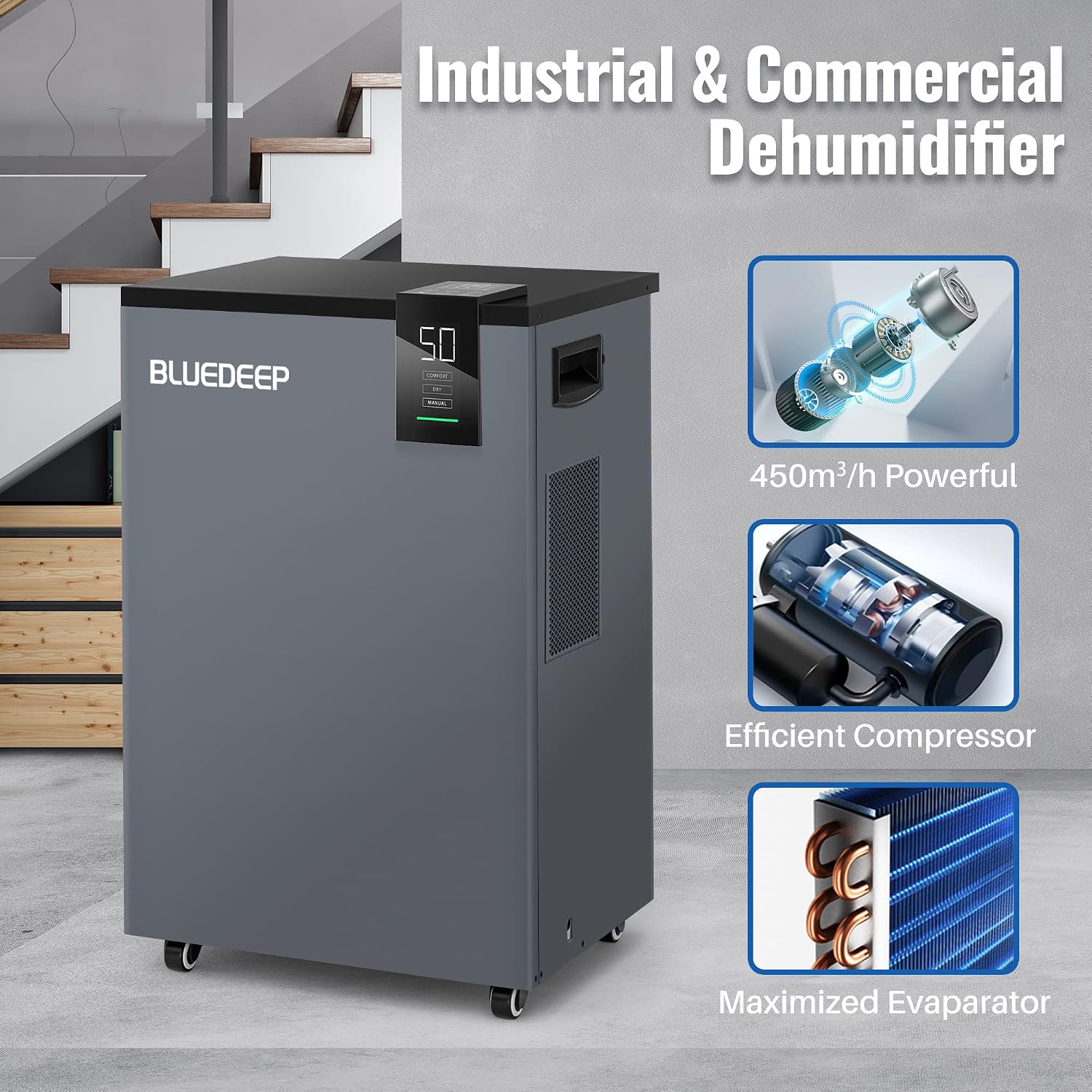 BLUEDEEP 190 Pints Commercial Dehumidifier with 6.56ft Drain Hose and 1.75 Gallon Water Reservoir, Water Damage Restoration Dehumidifier, for Basements, Industrial or Commercial Spaces and Job Sites