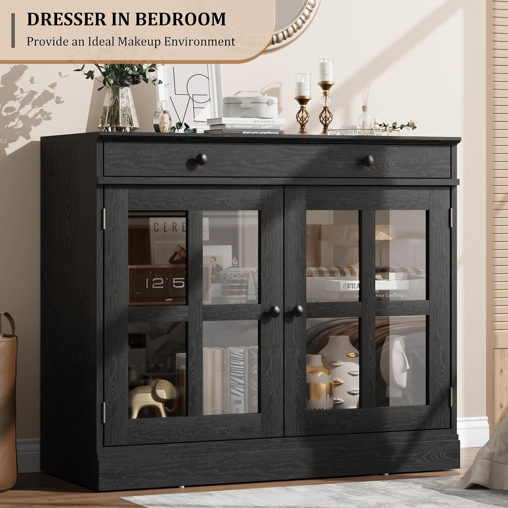 GarveeHome 35.4 in Sideboard Buffet Cabinets with Glass Door, Buffet Cabinet with Storage, Black Sideboard Cabinet with Drawer, Modern Buffets & Sideboards for Dining Room, Kitchen