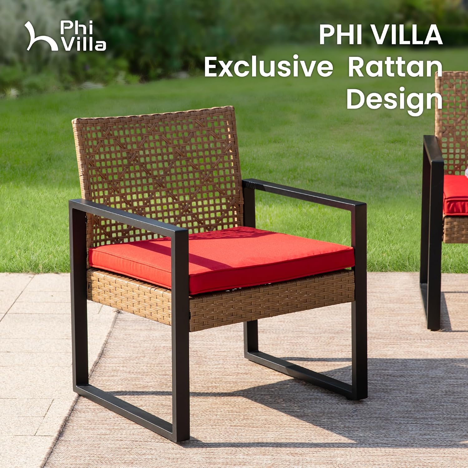 PHI VILLA Patio Wicker Furniture Set for 4, Brown Rattan Loveseat & Chairs with Red Cushions & Acacia Wood Coffee Table, Outdoor Modern Conversation Sofa Set for Deck, Yard, Porch