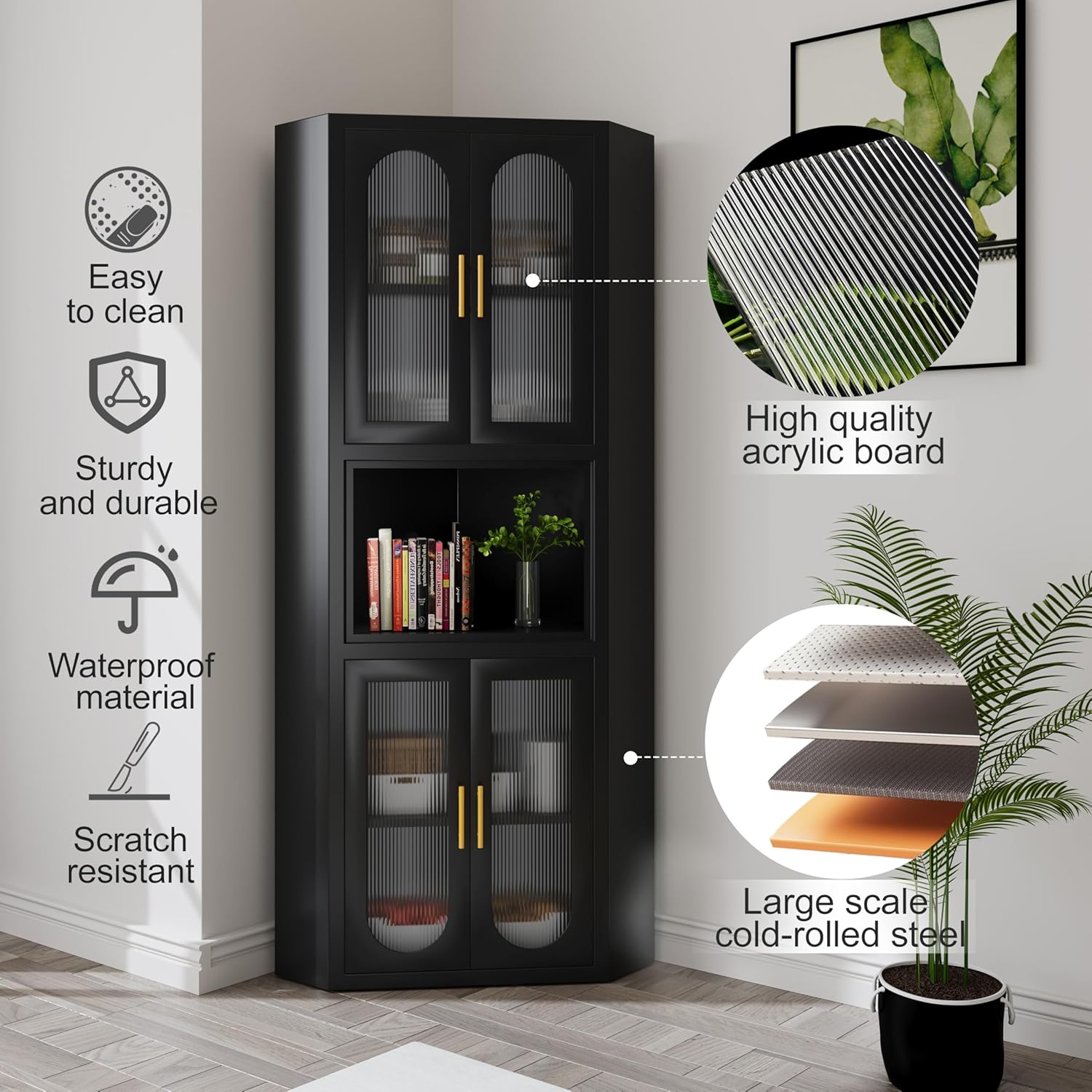 GAIOUS 63.6' Tall Corner Cabinet, Metal Pantry Storage Cabinet with 4 Acrylic Glass Doors & 1 Open Bar Shelf, Farmhouse Corner Cupboard for Kitchen Bathroom Living Room Bedroom Hallways (Black)