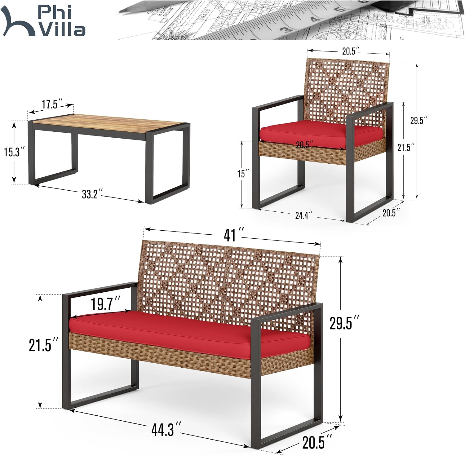 PHI VILLA Patio Wicker Furniture Set for 4, Brown Rattan Loveseat & Chairs with Red Cushions & Acacia Wood Coffee Table, Outdoor Modern Conversation Sofa Set for Deck, Yard, Porch