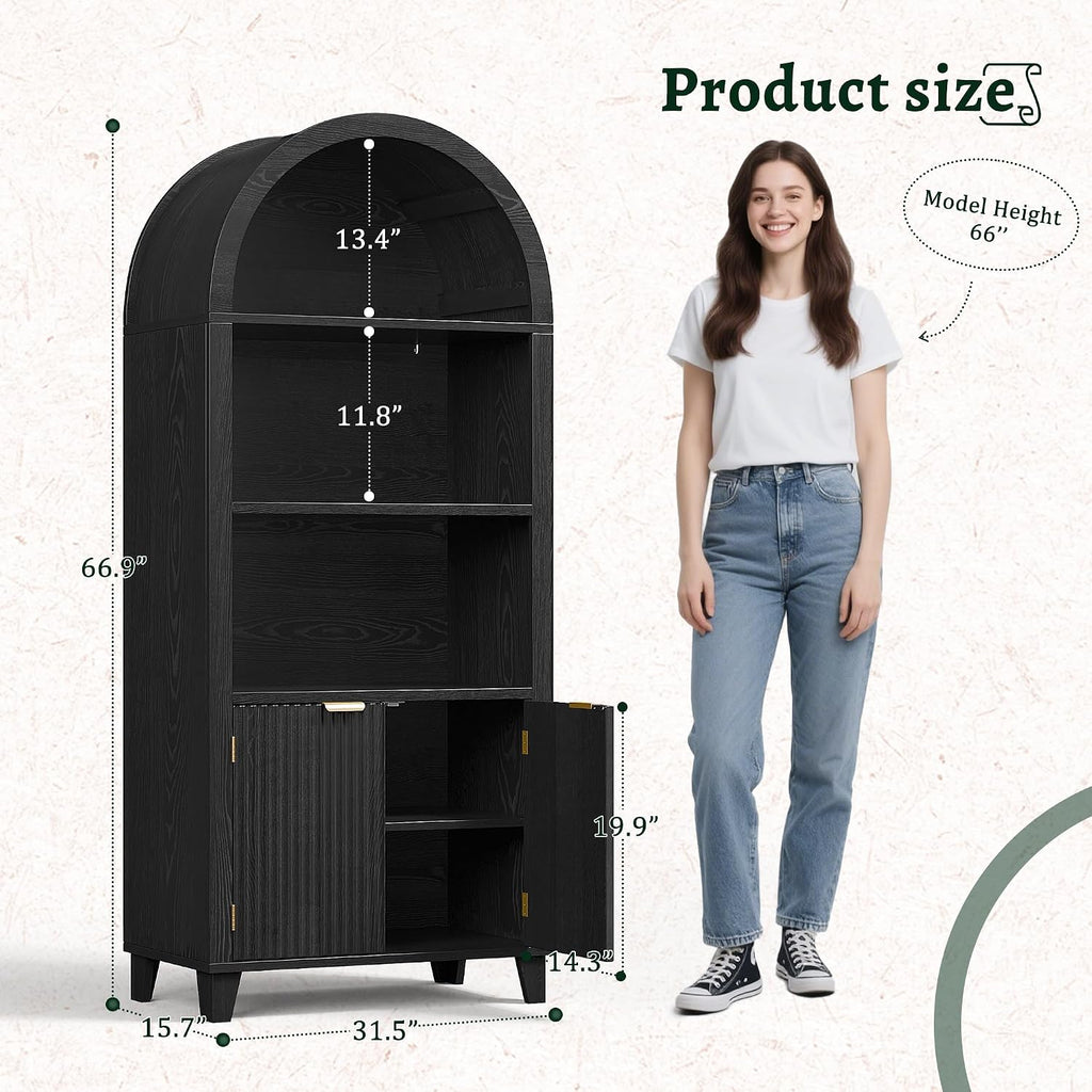 DurayLoly Book Shelf Arched Cabinet, 5-Tier Arched Bookcase with Doors and Adjustable Wood Shelves, Wooden Storage Cabinet with Open Display Shelf for Office,Living Room, Kitchen, Black