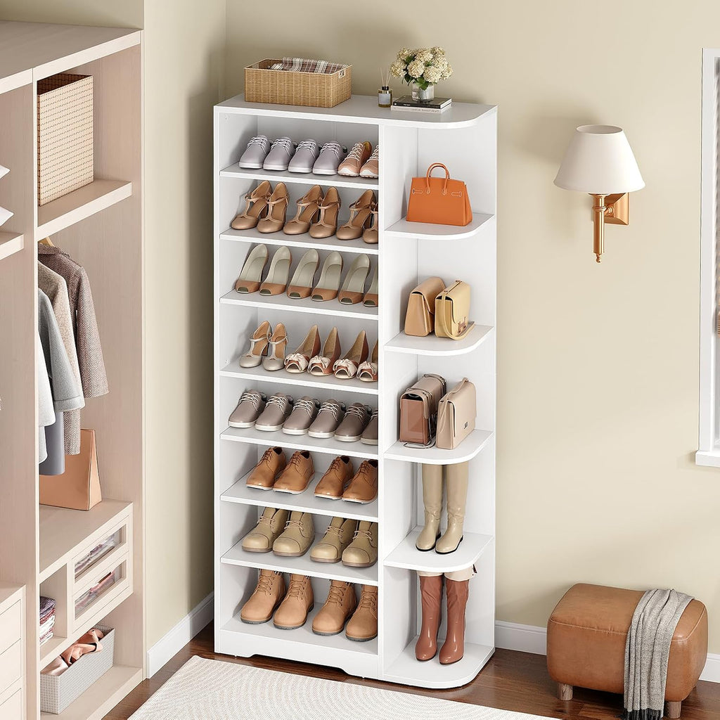 YATINEY Tall Shoe Rack, Multifunctional Shoe Cabinet with Open Storage, Entryway Shoe Organizer for Closet, 9-Tier Wooden Shoe Storage Closet with Adjustable Shelves, White SC22WT