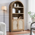 RowyPoey Rattan Arched Cabinet Bookshelf - 69.3' Tall Mid Century Display Cabinet, Rounded Bookcase with Rattan Doors, Open Shelf Storage for Dining Room (Caramel Oak, 1 PC)