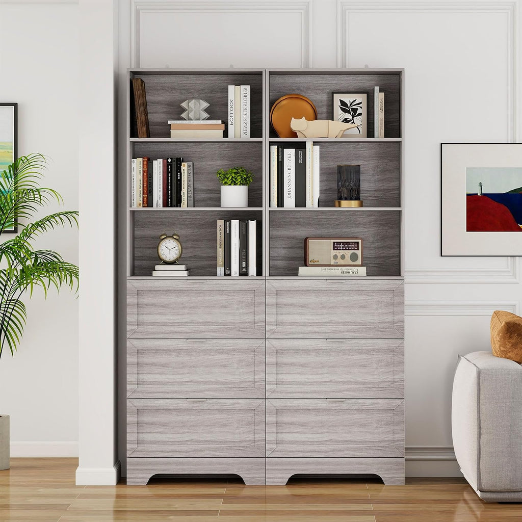 FTZxHKLX 71'' Tall Bookshelf with Drawers,6 Tier Wooden Bookcase Storage Organizer,Freestanding Display Cabinet with Adjustable Shelves for Living Room, Bedroom, Kitchen, Home Office, Wash Grey