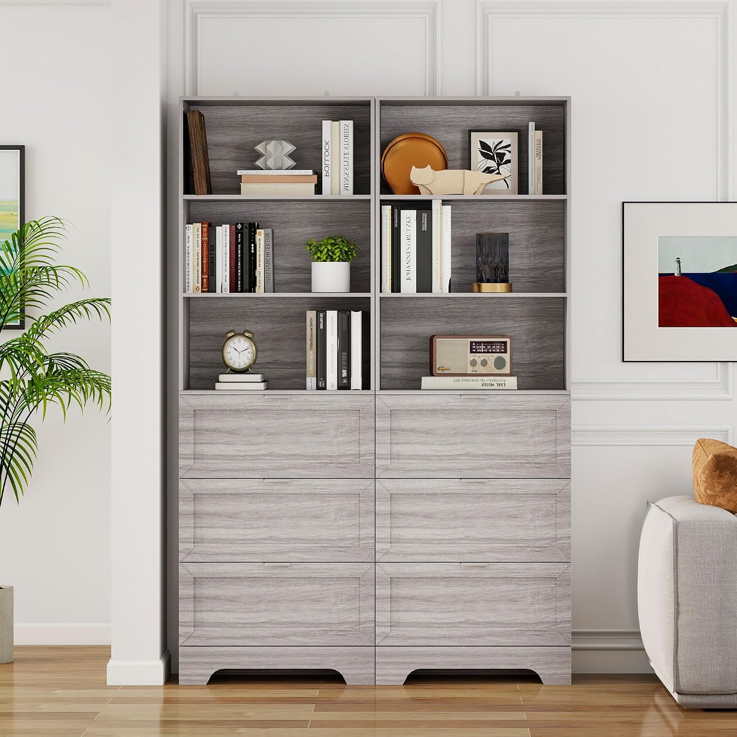 FTZxHKLX 71'' Tall Bookshelf with Drawers,6 Tier Wooden Bookcase Storage Organizer,Freestanding Display Cabinet with Adjustable Shelves for Living Room, Bedroom, Kitchen, Home Office, Wash Grey